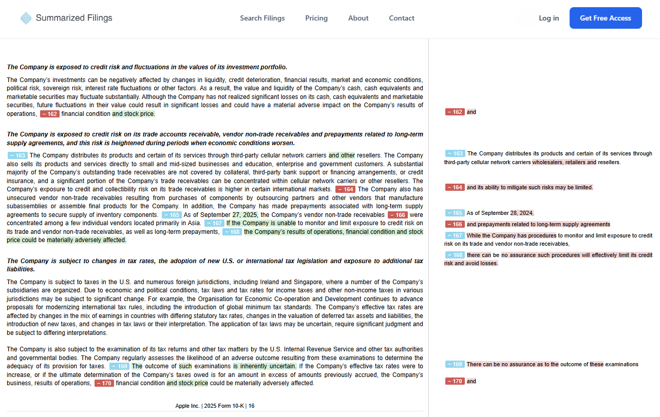 Czytnik Summarized Filings z raportem rocznym Apple, zaznaczonymi zmianami i kolumną porównania